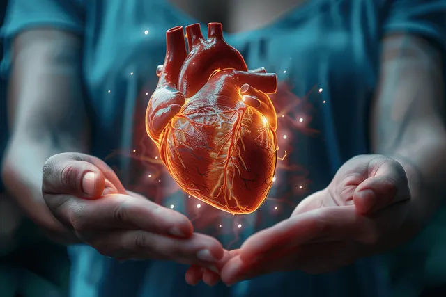Hands cradle a glowing anatomical heart with an energy aura and floating light particles.
