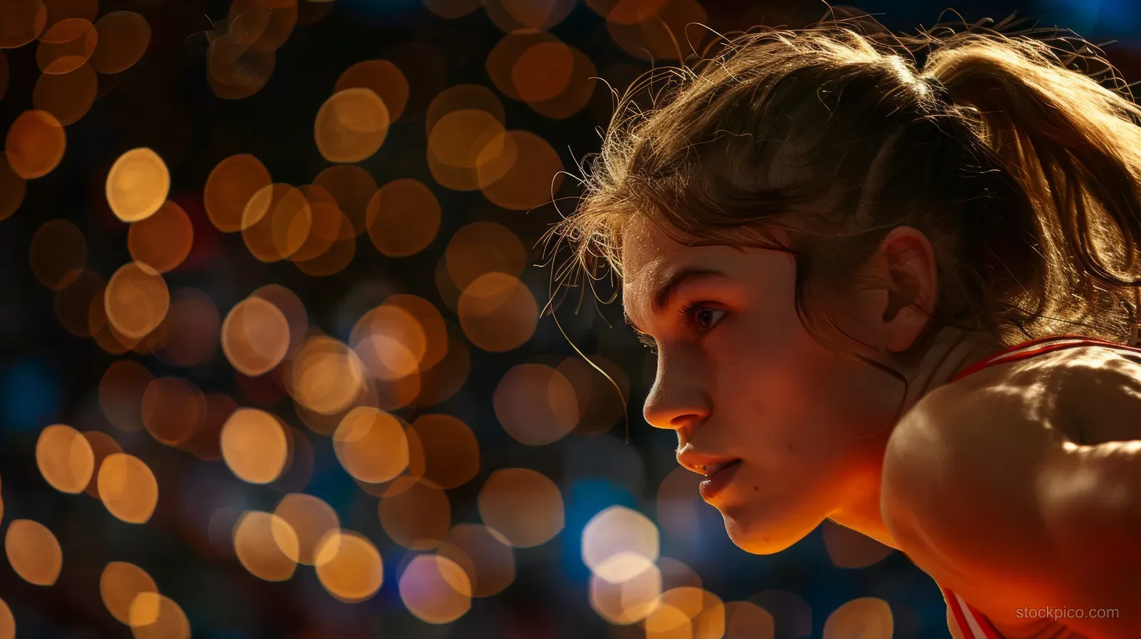 Russian female wrestler locks into a takedown during a match amid glowing arena bokeh lights.