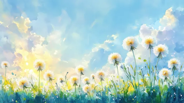 Watercolor dandelions blooming in a grassy field under blue sky and fluffy clouds