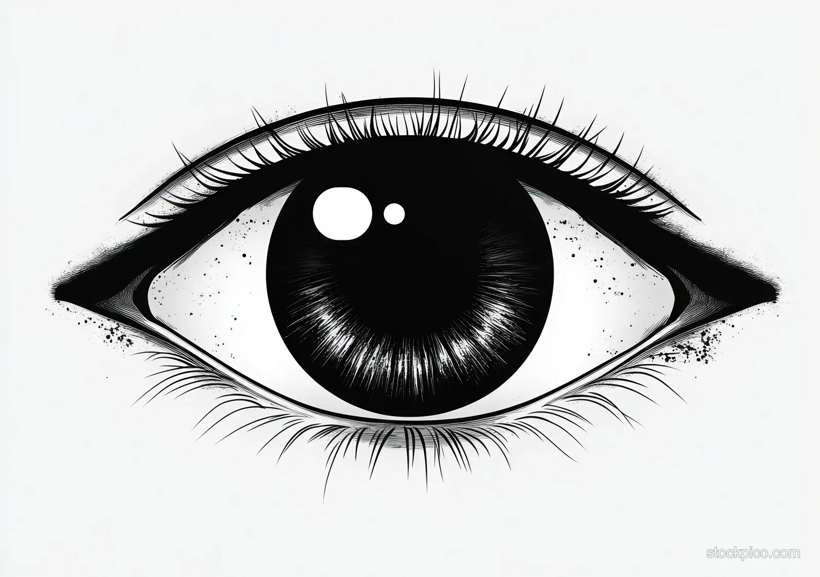 Black and white close-up of a human eye with detailed eyelashes and a bright reflective pupil.