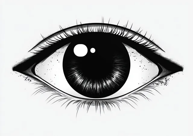 Black and white close-up eye illustration with detailed eyelashes and bright pupil reflection with Gaze And Attention