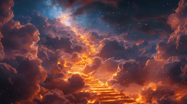 Golden glowing stairs lead up a mountain through dark clouds toward a bright star in a fantasy sky.