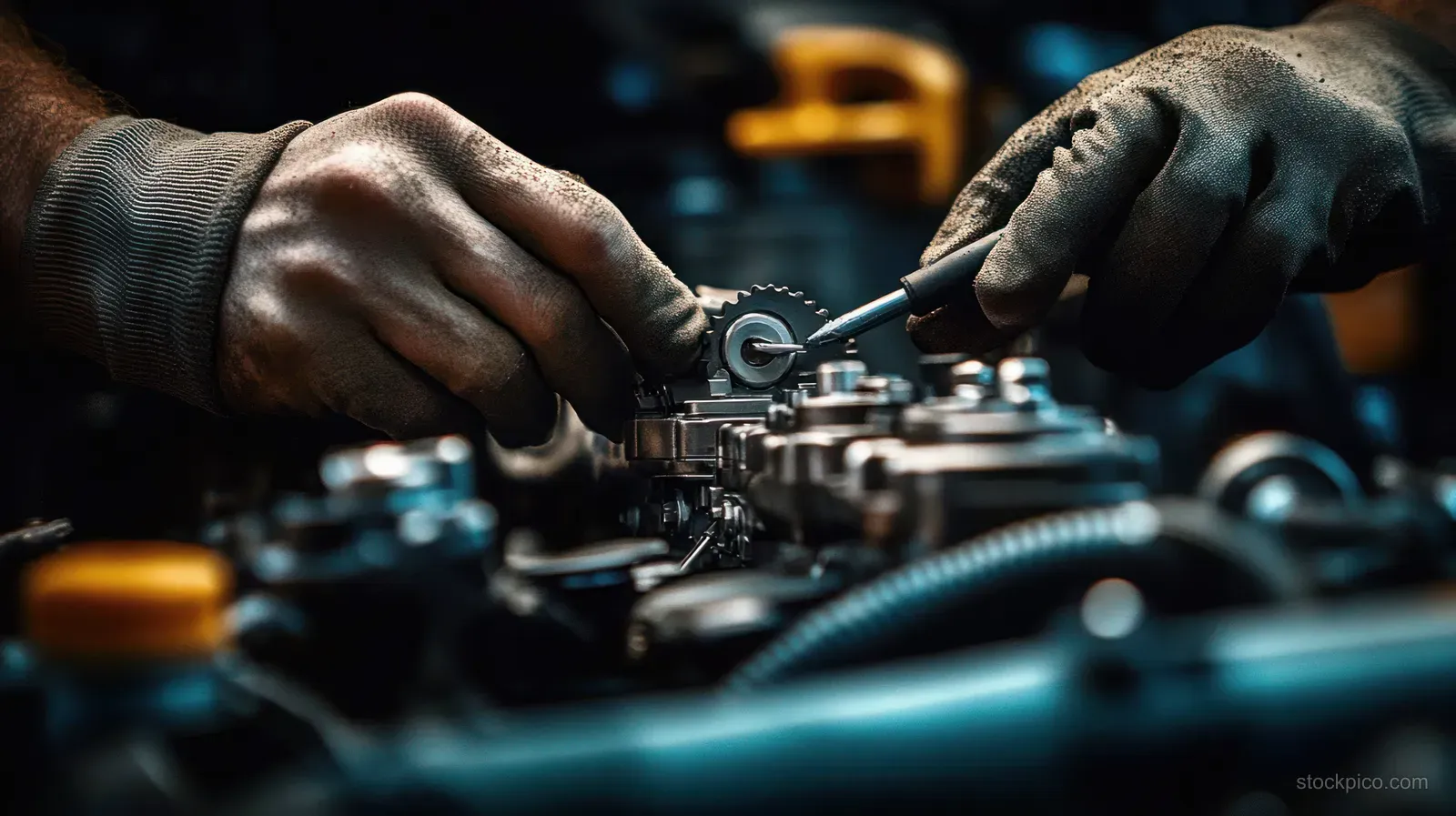 Gloved hands repair car engine components with tools in a dim garage.