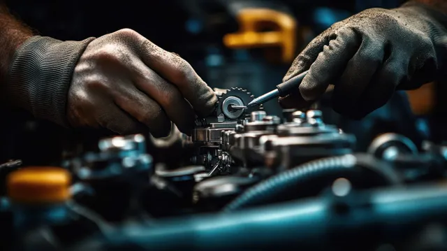 Mechanic repairing car engine components inside a dim garage workshop