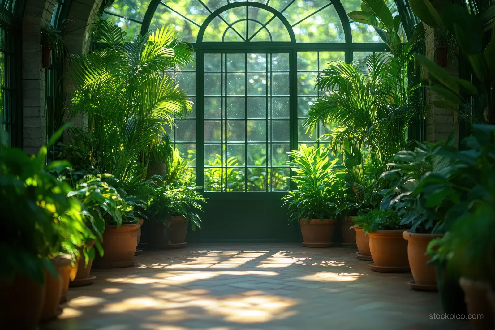 Students walk inside a sunlit greenhouse with potted tropical plants along the walkway under glass windows.