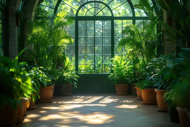 Students walk inside a sunlit greenhouse with potted tropical plants along the walkway under glass windows.