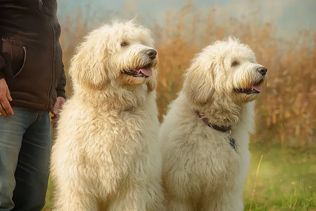 Two fluffy cream dogs sit outdoors in tall grass next to a person wearing a brown jacket.