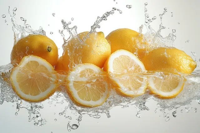 Whole and lemon slices splash into clear water with frozen droplets on white with Clean Eating Concept