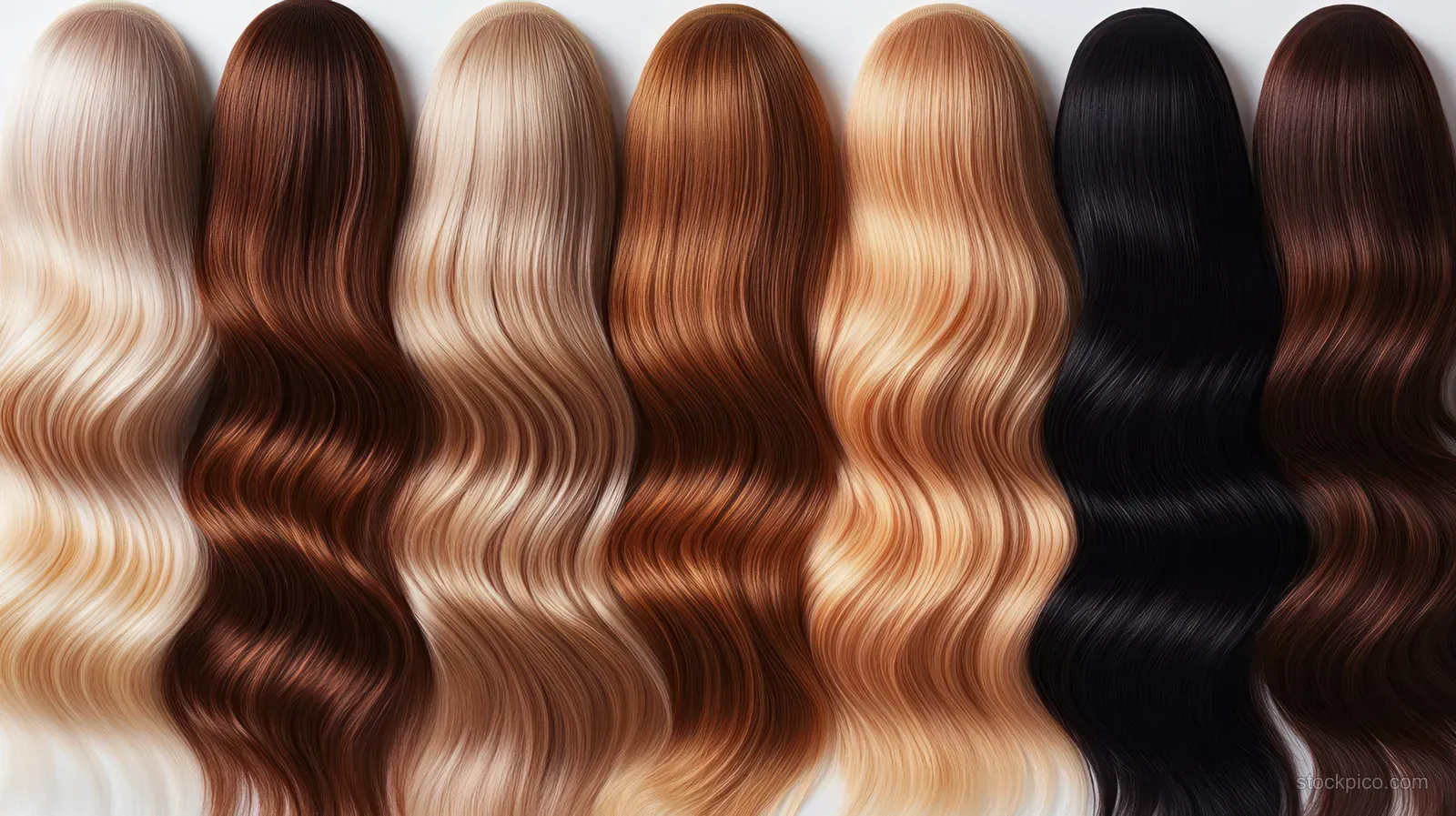 Long wavy hair strands in multiple blonde and brown shades arranged side by side on a white background.