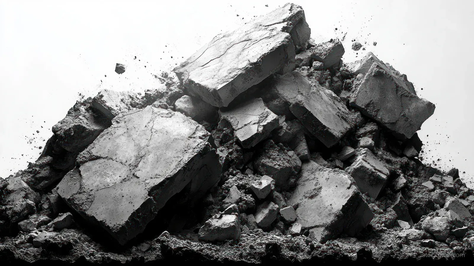 Cracked concrete rubble pile with jagged gray fragments scattered on a plain surface in grayscale.