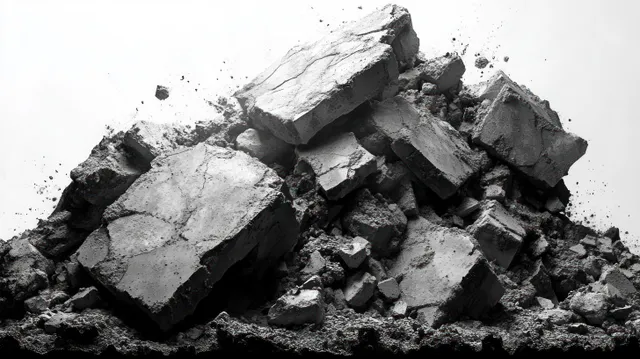 Cracked concrete rubble pile with jagged gray fragments scattered on a plain surface in grayscale.
