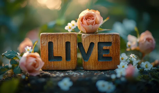 Wooden Live Blocks with Roses in Soft Garden Light