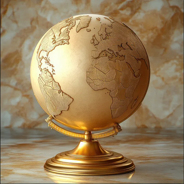 Golden globe with engraved continents on a polished base against a warm shiny textured background.