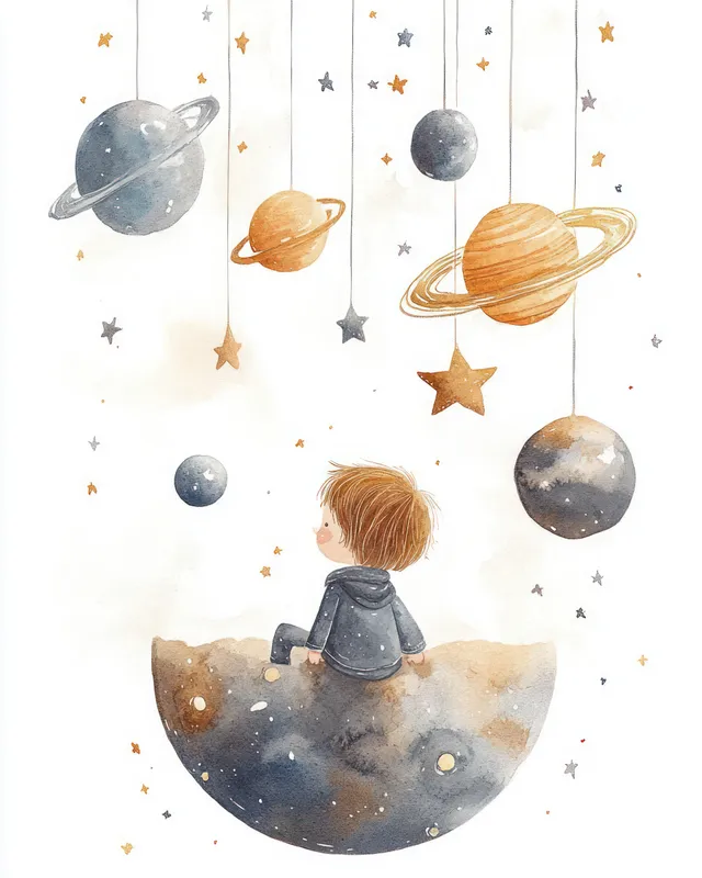 A watercolor child floats in space with planets and stars circling overhead in soft pastel colors.
