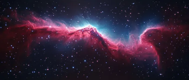 Pink and blue nebula gas clouds form mountain-like peaks over a field of distant stars.