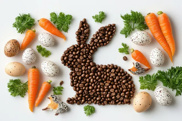 Coffee bean bunny silhouette surrounded by speckled eggs, carrots, and parsley leaves on a white background.