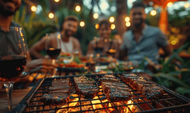 A BBQ grill with sizzling meat sits in the foreground while friends enjoy dinner outdoors with wine and warm lights blurred behind.
