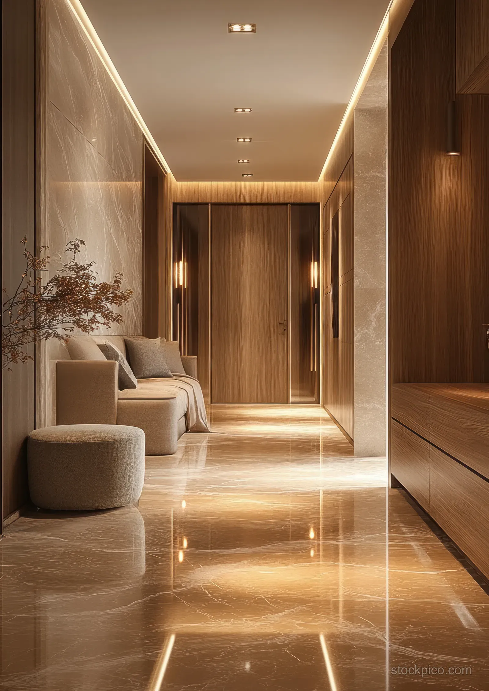 Warm modern hallway with polished marble floor reflections, wood walls, soft recessed lights, and cushioned seating near a plant.