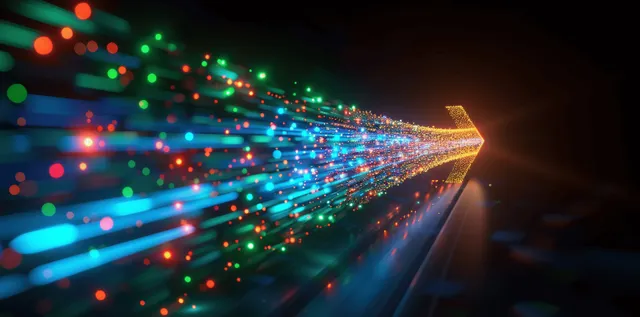 3D neon arrow channels glowing data lines toward a bright horizon on black