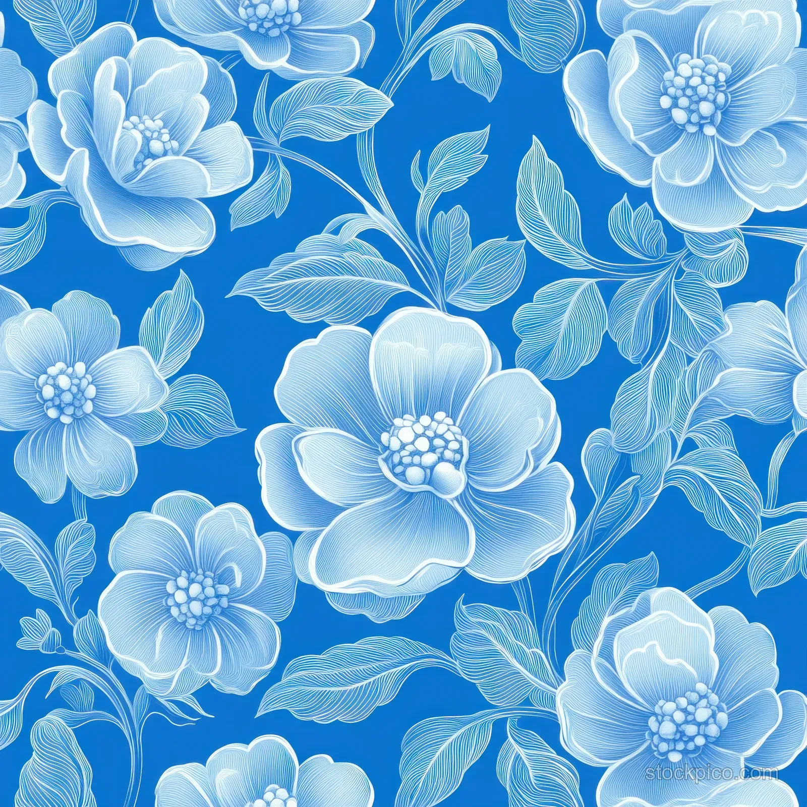 Delicate white line-art flowers and leaves form a repeating floral pattern on a vivid blue background.