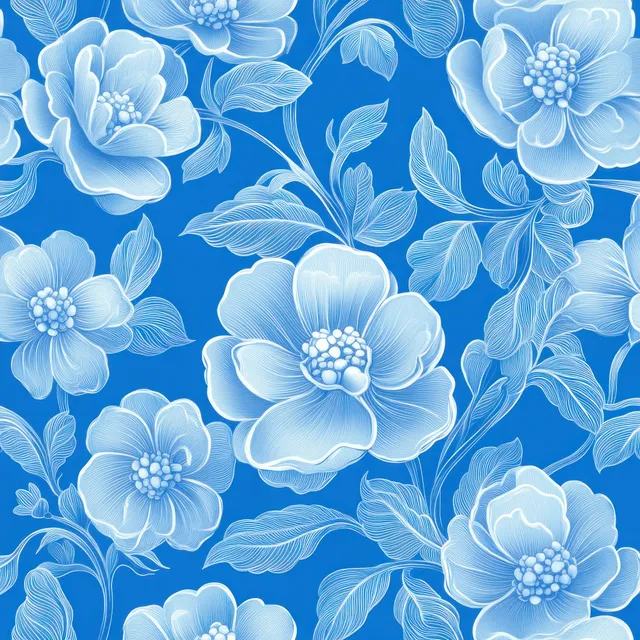 Delicate white line-art flowers and leaves forming an ornate pattern on vivid blue