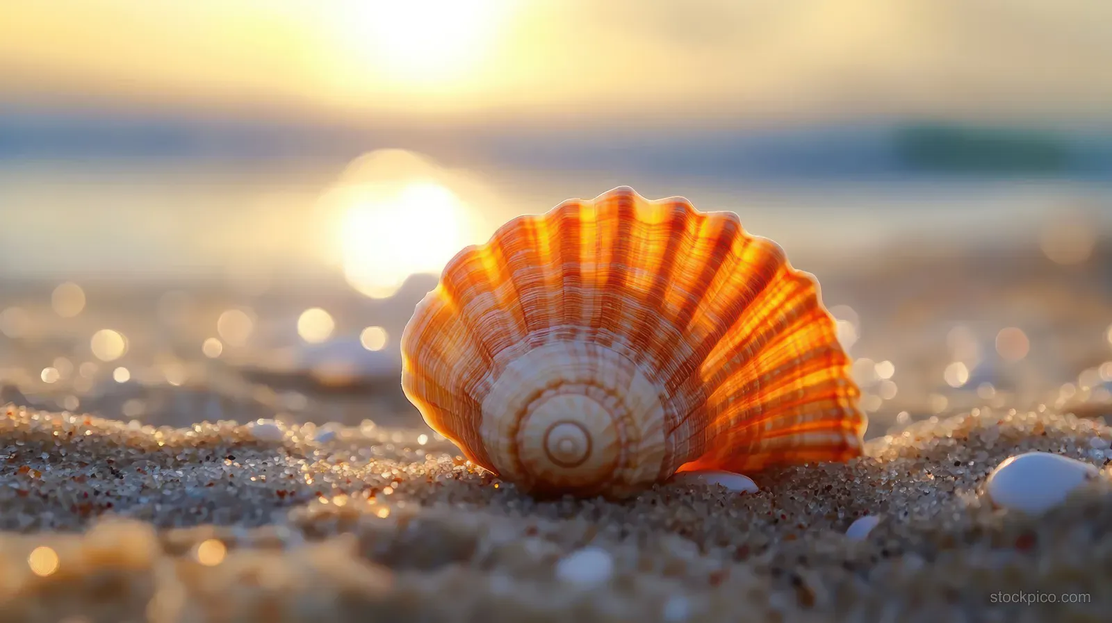 A seashell rests on sandy beach with warm sunset glow and blurred waves in the background.
