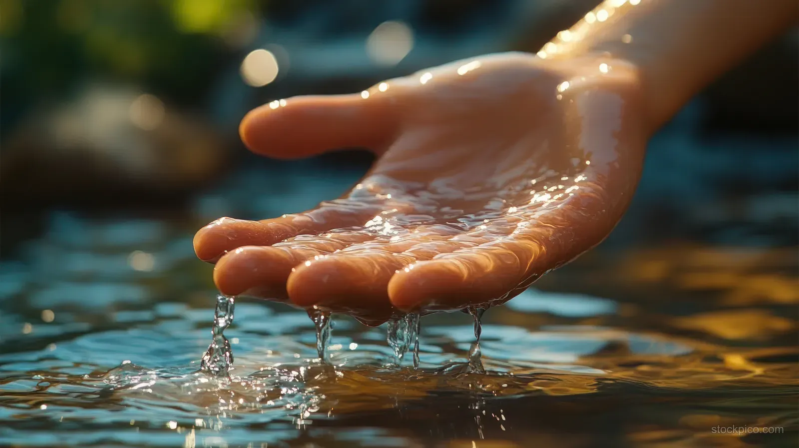 A hand cupping water with droplets falling into a calm stream at golden hour light.