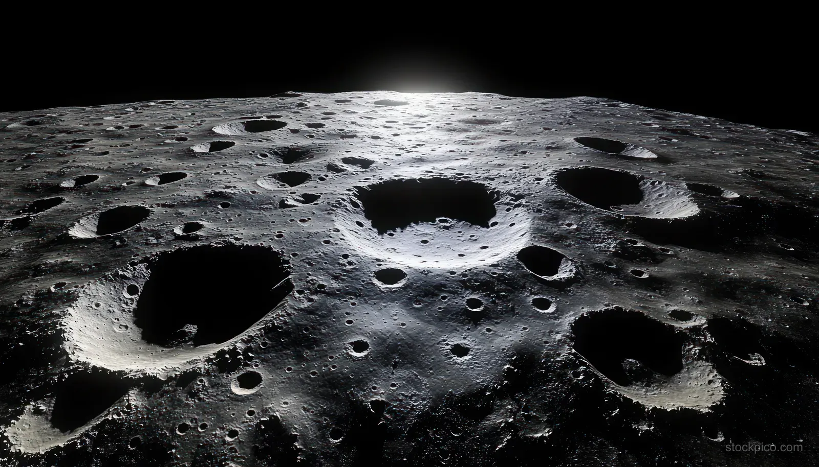 A cratered moon-like surface with deep shadows and a bright illuminated horizon edge.