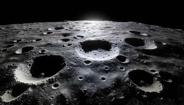 A cratered moon-like surface with deep shadows and a bright illuminated horizon edge.