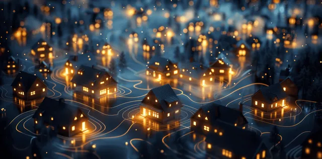 Suburban night miniature houses connected by glowing IoT data lines over a smart energy grid