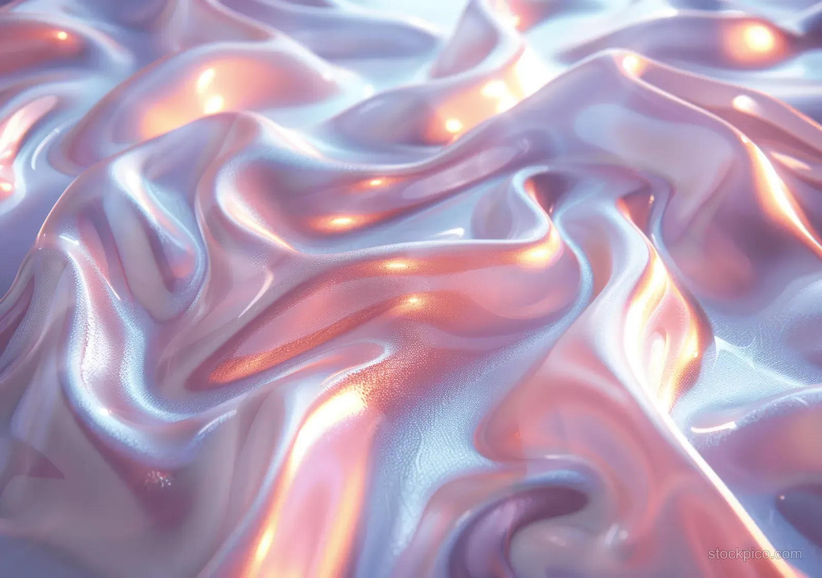 Iridescent holographic ripples with soft light rays shimmer on a bright white abstract background.