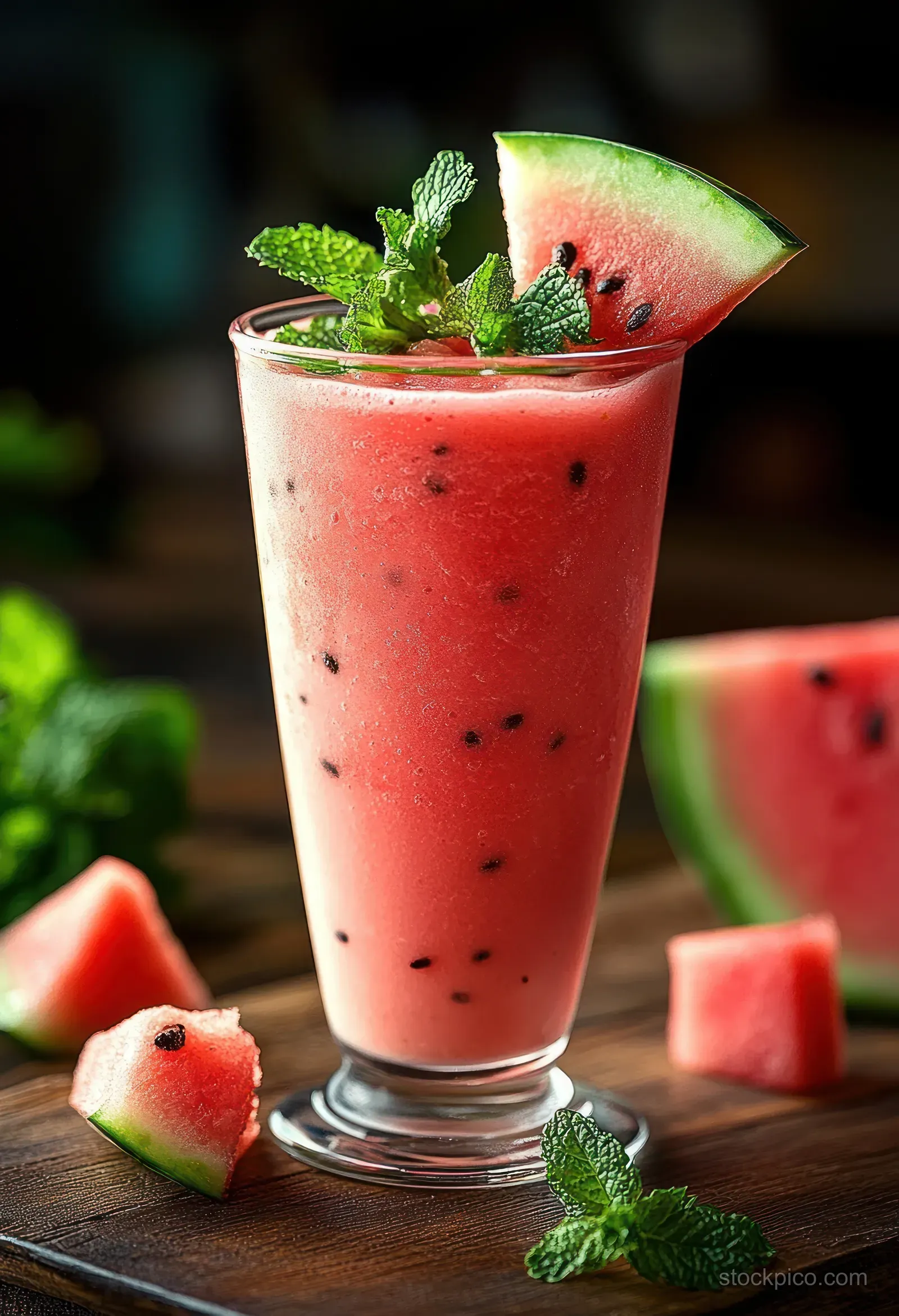 A tall glass of watermelon smoothie with mint leaves garnish and watermelon slices on a wooden table.