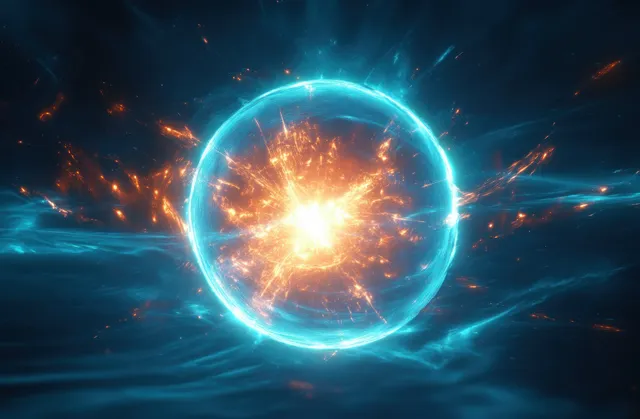 A glowing blue energy sphere erupts orange sparks from its core amid swirling mist in a dark space scene.