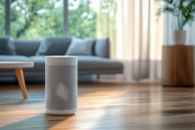 A compact white portable speaker sits on a wooden floor in a sunlit living room near large windows.
