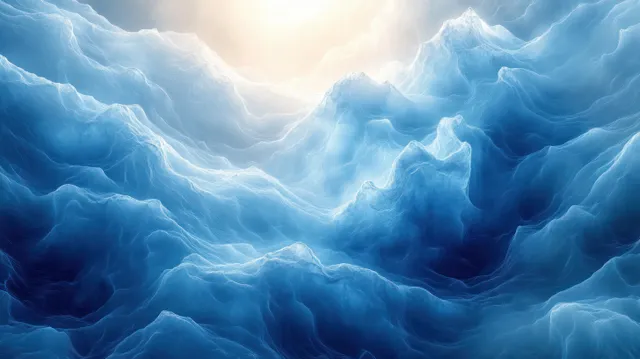 Blue abstract cloud-like waves rise toward a bright light in the center.