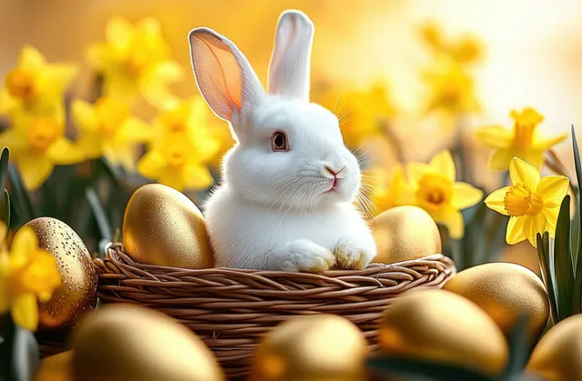 Fluffy white Easter rabbit sitting in a woven basket with gold eggs
