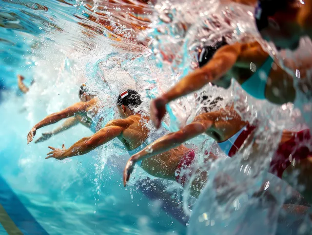 Synchronized swimmers swim underwater in a technical routine, kicking and splitting while water splashes around them.
