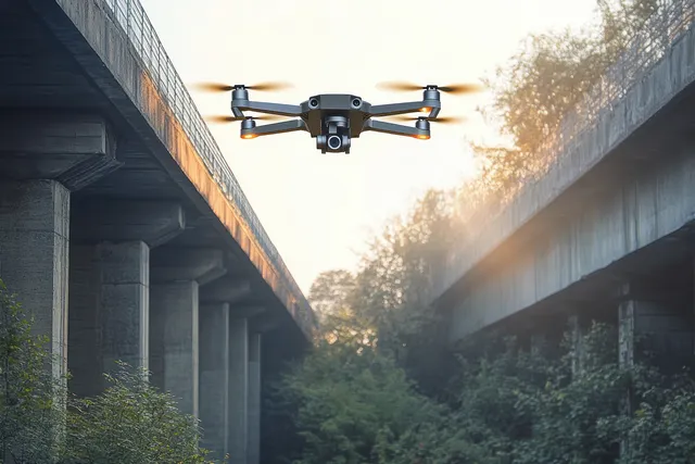 Small drone flying between two concrete bridge structures over a forest during sunset with golden sun rays.