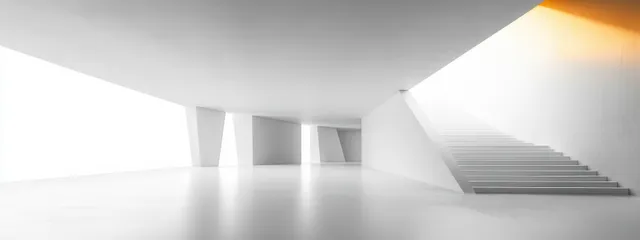 Minimalist white interior hall with angular beams and low-perspective daylight glow