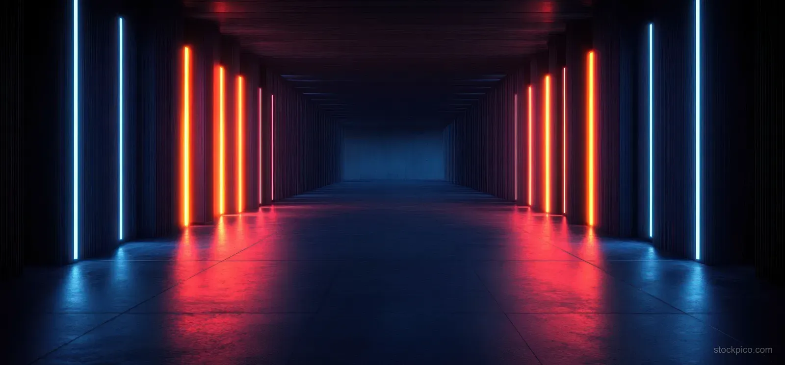 A neon cyberpunk corridor stretches forward with glowing pillars and blue and orange light bars.