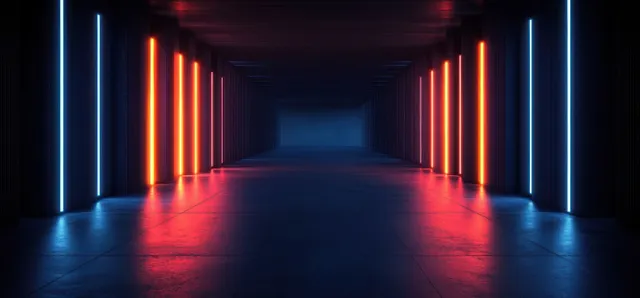 A neon cyberpunk corridor stretches forward with glowing pillars and blue and orange light bars.