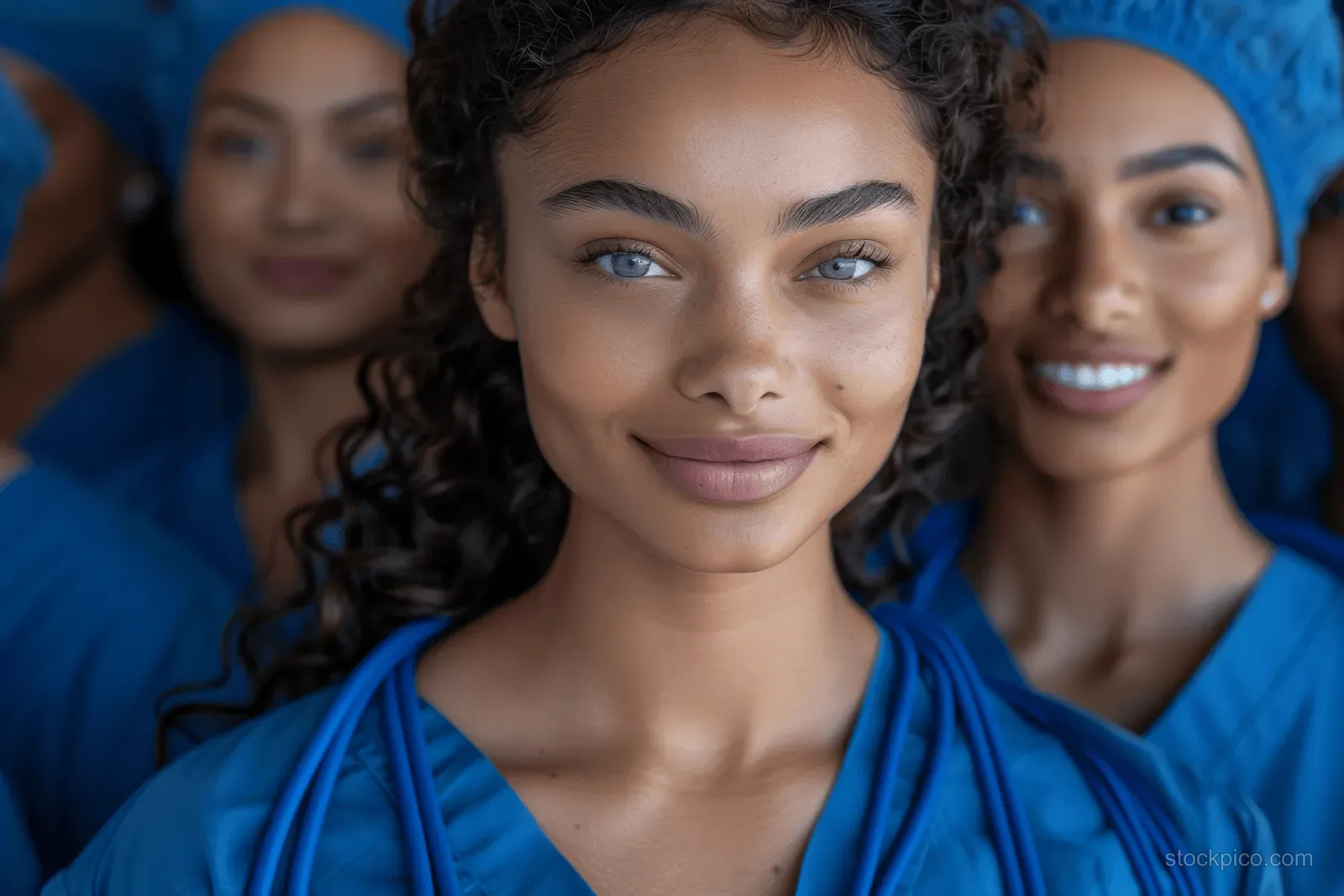 Woman in blue scrubs smiling in a hospital with other diverse healthcare workers blurred behind her.