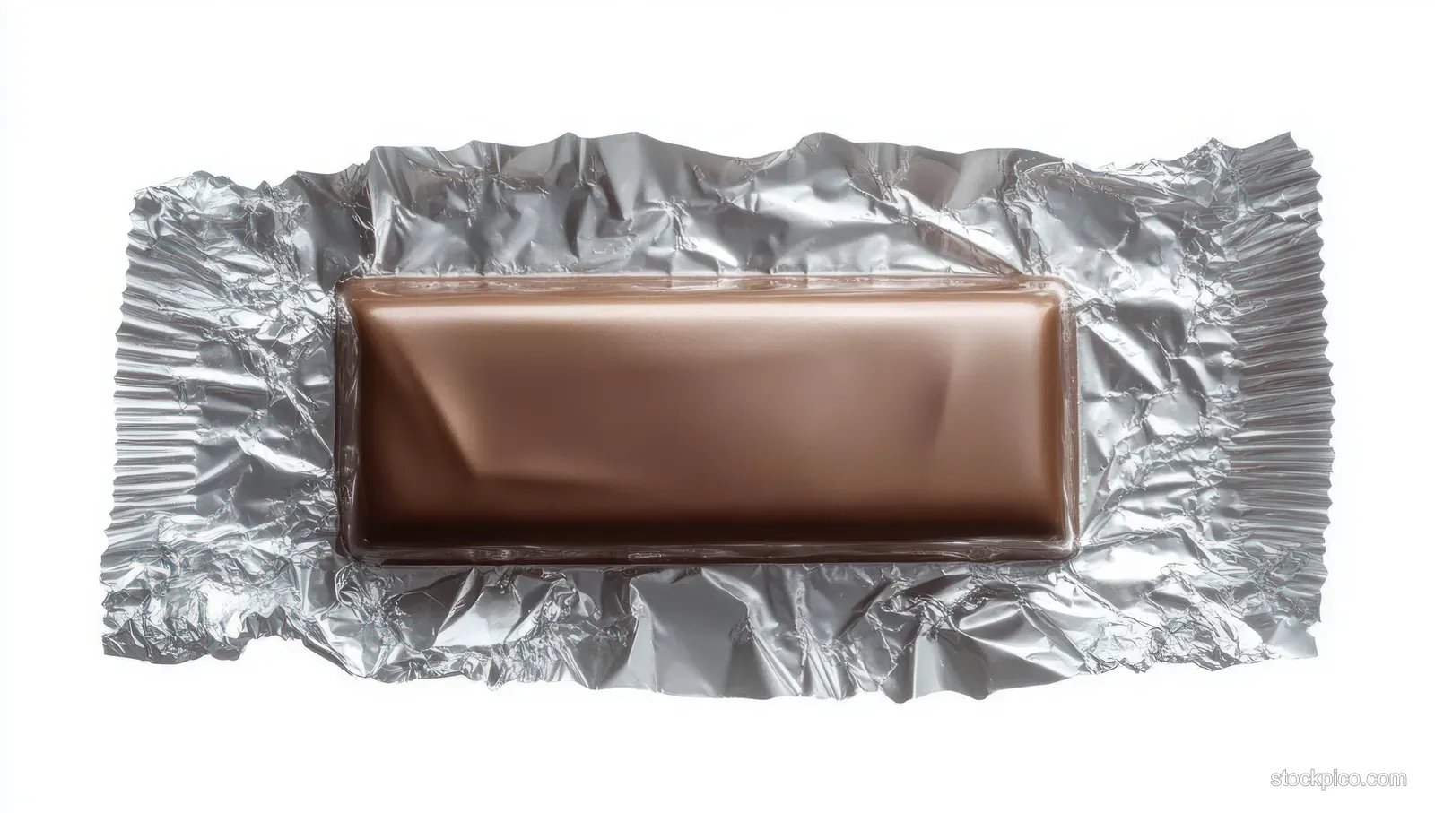 A chocolate bar is partially unwrapped in shiny silver foil on a white background.