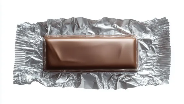 A chocolate bar is partially unwrapped in shiny silver foil on a white background.
