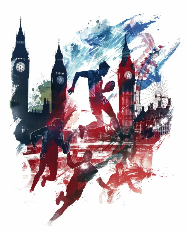 Men’s rugby sevens player charges forward in dramatic silhouette, Big Ben and Union Jack