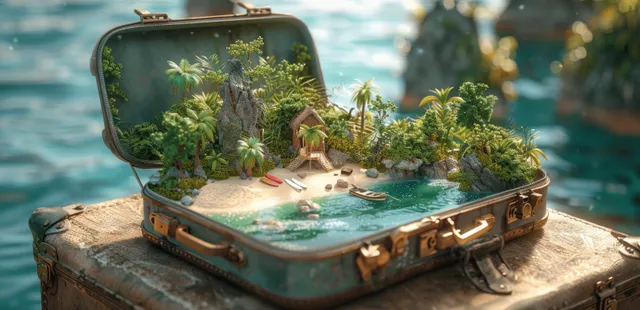 Open vintage suitcase revealing a tropical island beach scene with palm trees with Baggage And Packing