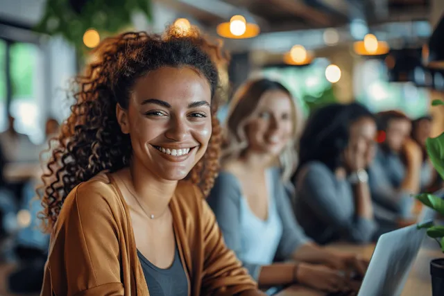 Smiling businesswoman working on a laptop at a desk with blurred coworkers chatting behind her.