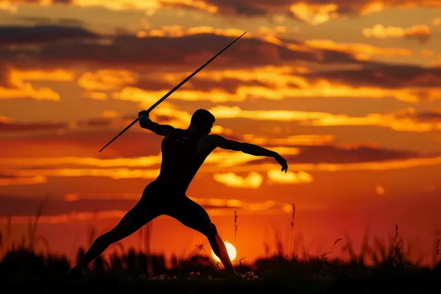Silhouette of a Chinese javelin thrower launching a javelin across a track at sunset.