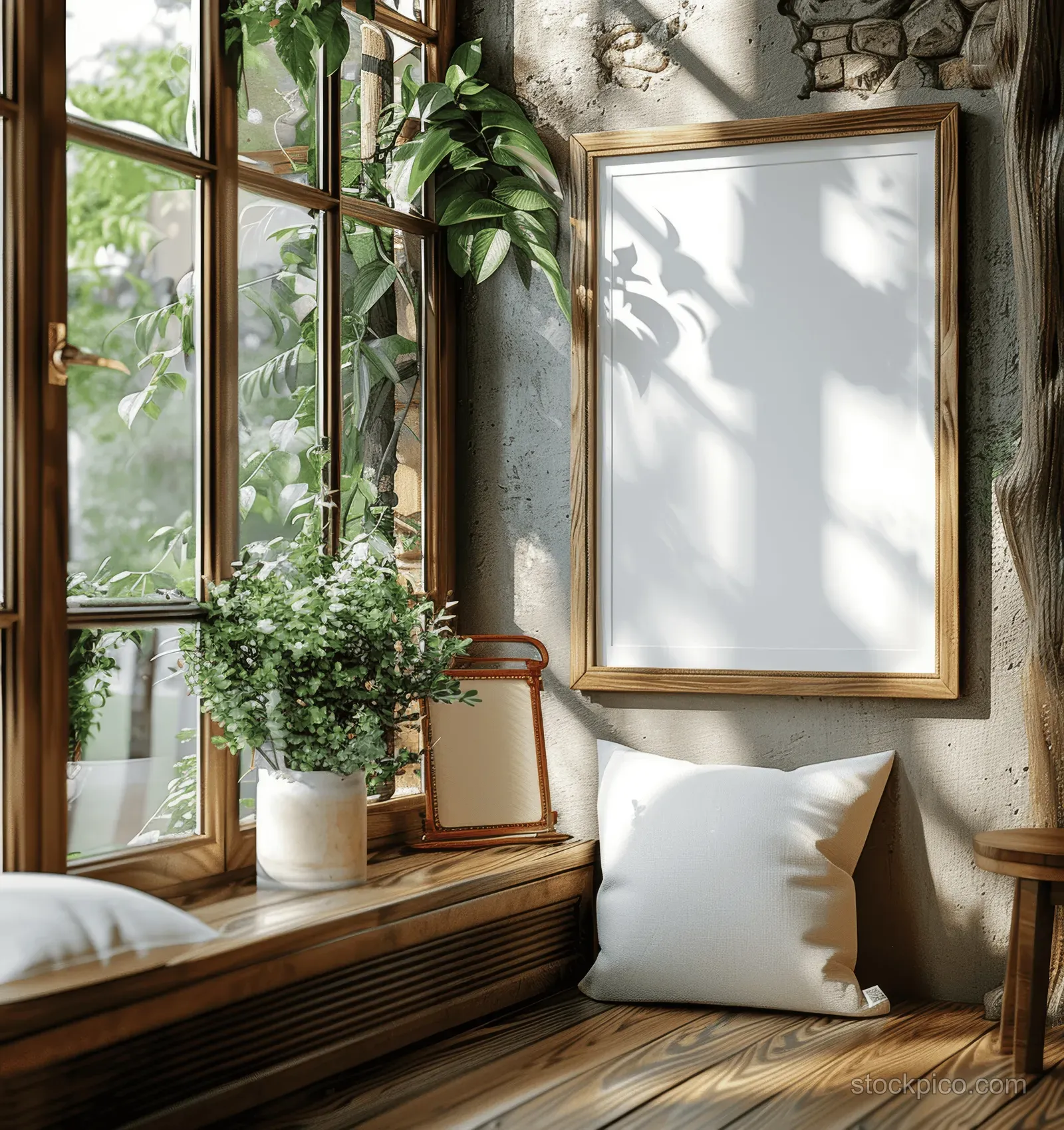 White poster mockup in a wooden frame on a window sill with sunlit rustic interior and green plants outside.