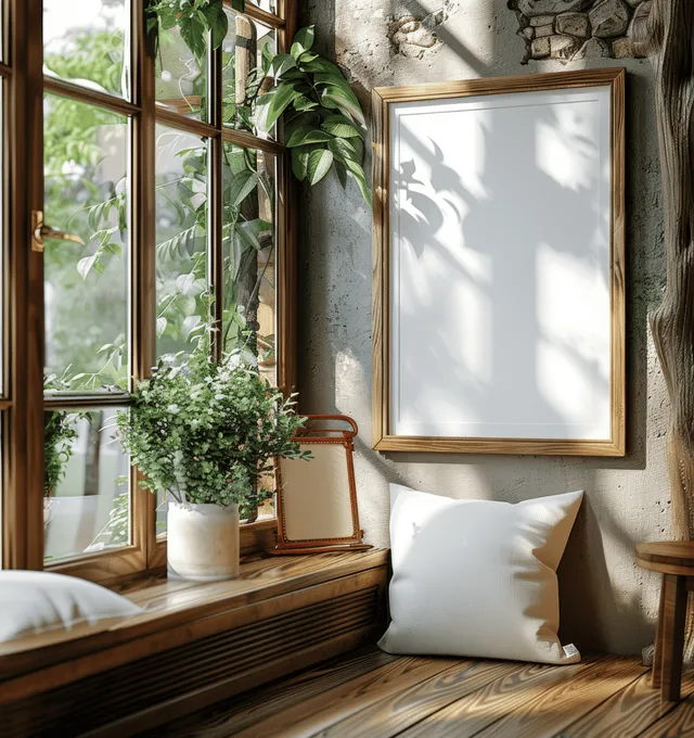 White poster mockup in wooden frame on window sill with rustic interior light beams